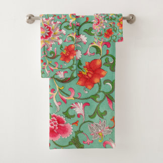 Bright Colourful Elegant Asian Floral Chinoiserie Bath Towel Set