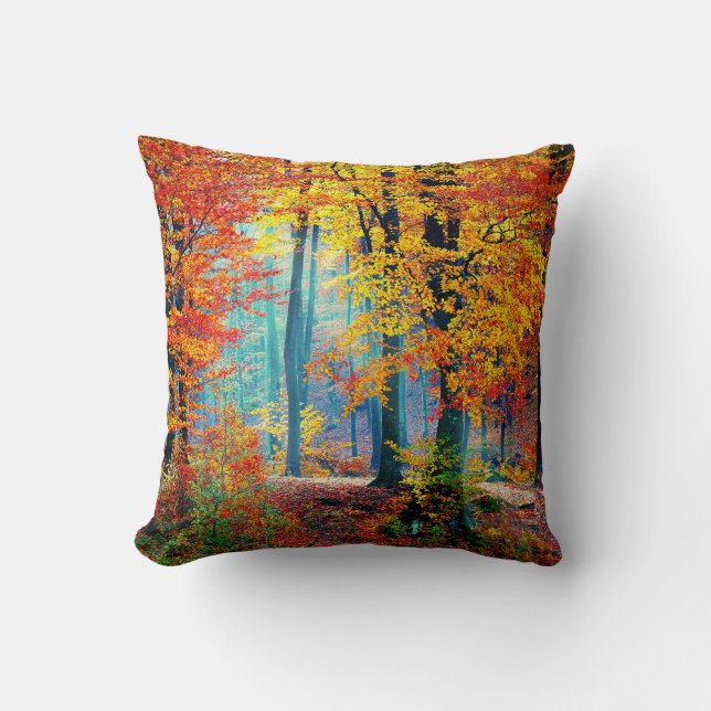 Bright Colourful Fall Forest Trees Cushion (Front)