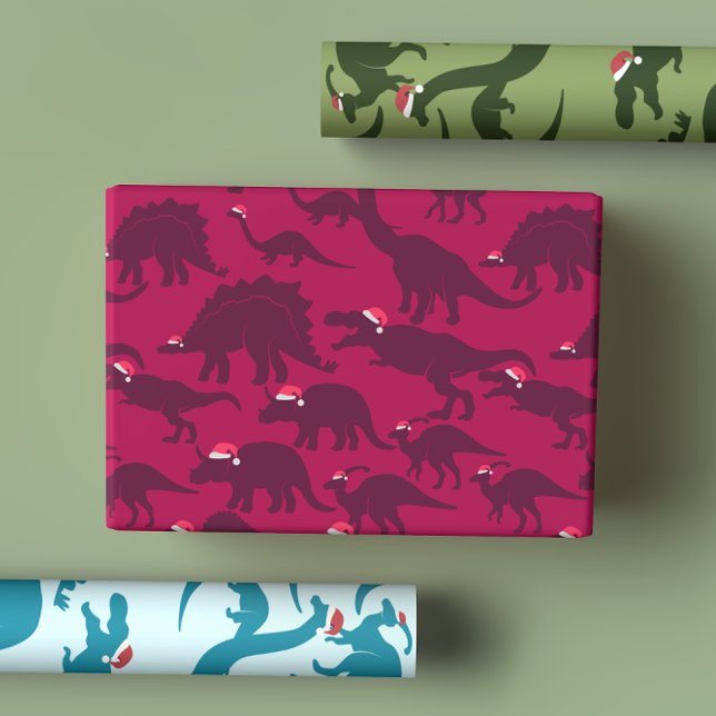 Bright Colourful Festive Dinosaurs In Santa Hats Wrapping Paper Sheet (Creator Uploaded)