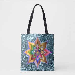 Bright Colourful Floral Aqua Faux Glitter Tote Bag