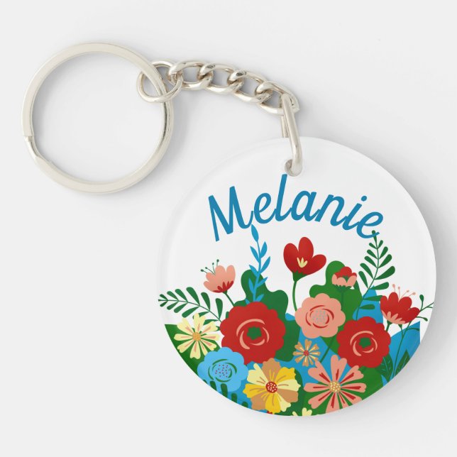 Bright Colourful Floral Bouquet Personalised Key Ring (Front)