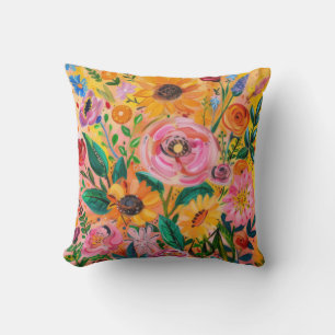 Bright colourful floral oil painting  cushion