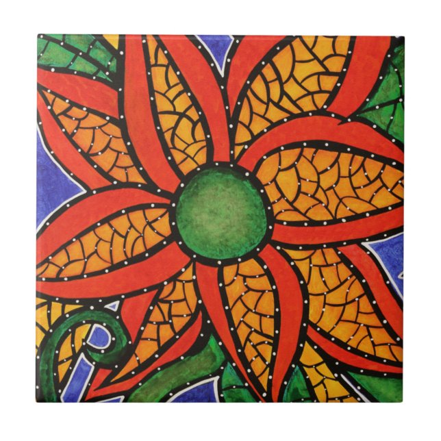 Bright Colourful Flower Art Ceramic Tile (Front)
