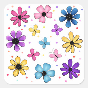 Bright Colourful Flowers and Butterflies Square Sticker