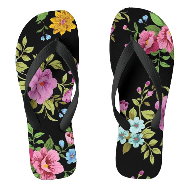 Bright Colourful  Flowers Black Thongs (Footbed)