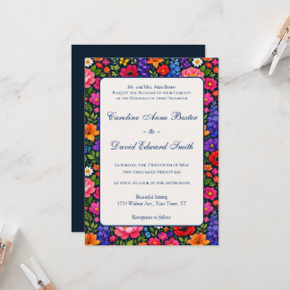 Bright Colourful Flowers on Black Background Invitation