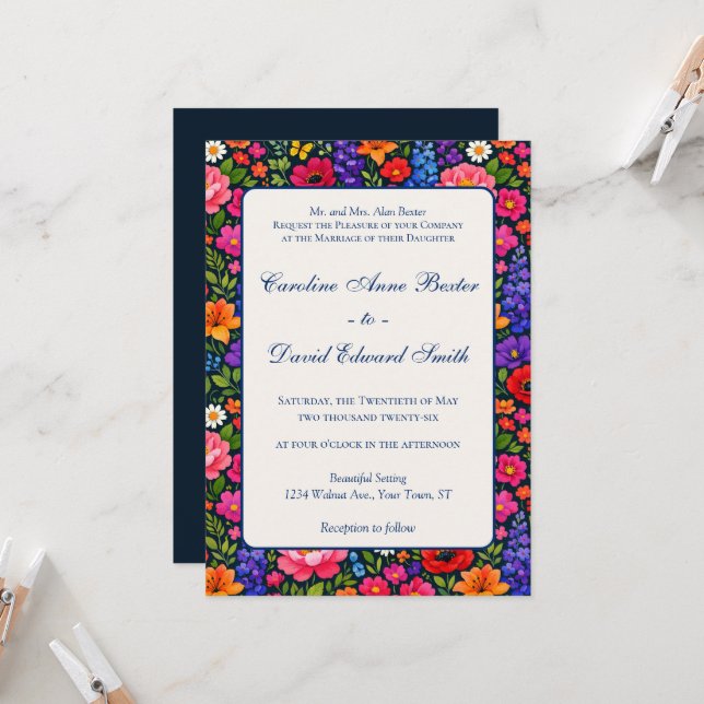Bright Colourful Flowers on Black Background Invitation (Front/Back In Situ)