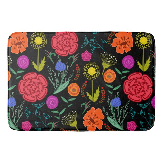 Bright Colourful Flowers on Black Bath Mat (Front)