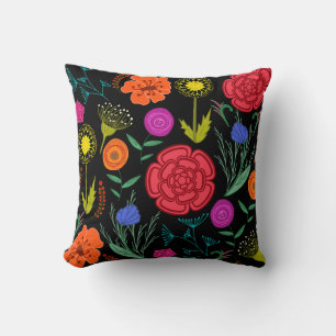 Bright Colourful Flowers on Black Cushion