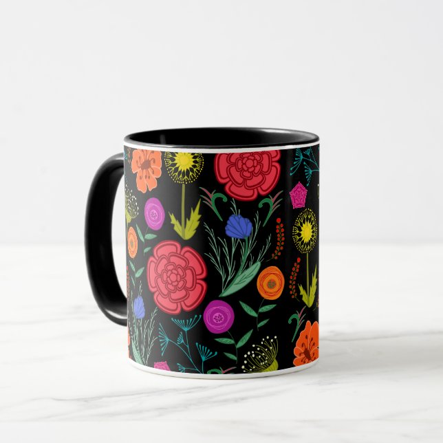 Bright Colourful Flowers on Black Mug (Front Left)