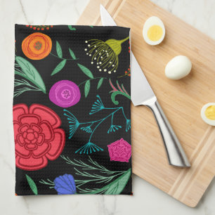 Bright Colourful Flowers on Black Tea Towel