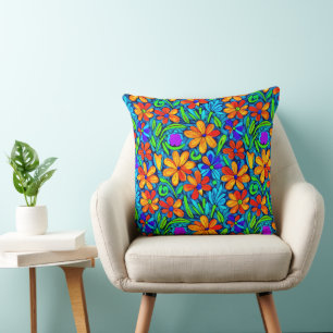Bright Colourful Folk Art Flowers Cushion