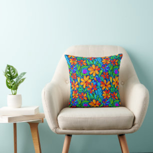 Bright Colourful Folk Art Flowers Cushion