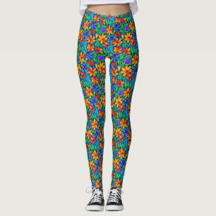Bright Colourful Folk Art Flowers Leggings