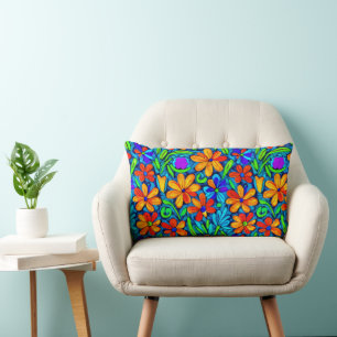 Bright Colourful Folk Art Flowers Lumbar Cushion