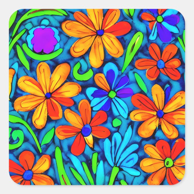 Bright Colourful Folk Art Flowers  Square Sticker (Front)
