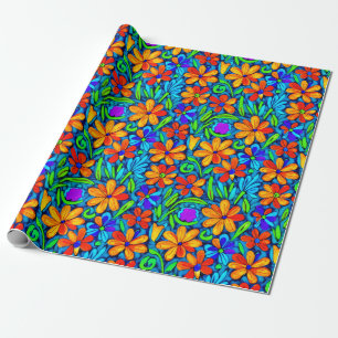 Bright Colourful Folk Art Flowers Wrapping Paper