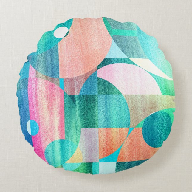 Bright, Colourful Geometric Abstract Round Cushion (Front)
