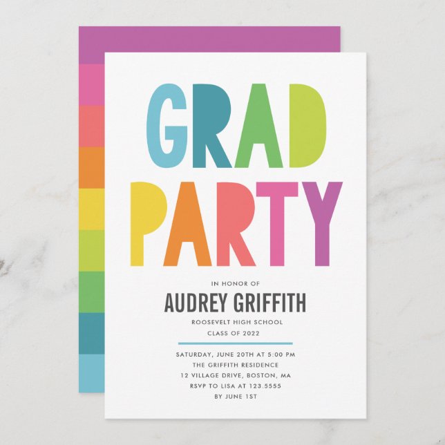 Bright Colourful Grad Party Invitation (Front/Back)