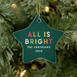 Bright colourful green fun modern Christmas family Ceramic Ornament<br><div class="desc">Bright colourful green fun modern Christmas family all is bright ornament</div>