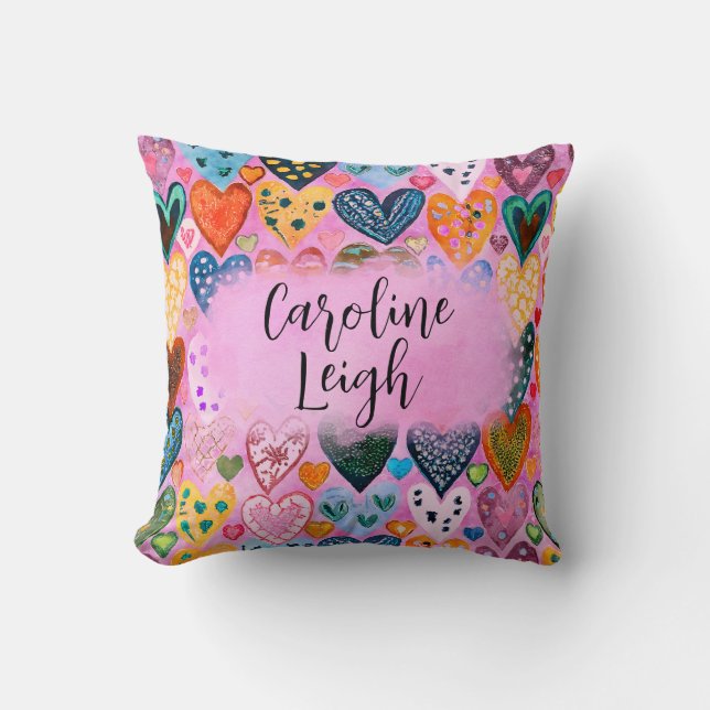 Bright Colourful Hearts Personalised Nursery  Cushion (Front)