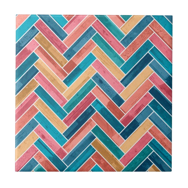 Bright Colourful Herringbone Pattern Ceramic Tile (Front)
