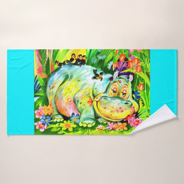bright colourful hippopotamus and birds bath towel set (Bath Towel)
