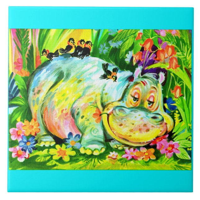 bright colourful hippopotamus and birds ceramic tile (Front)
