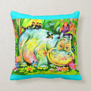 bright colourful hippopotamus and birds cushion
