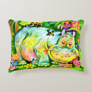bright colourful hippopotamus and birds decorative cushion