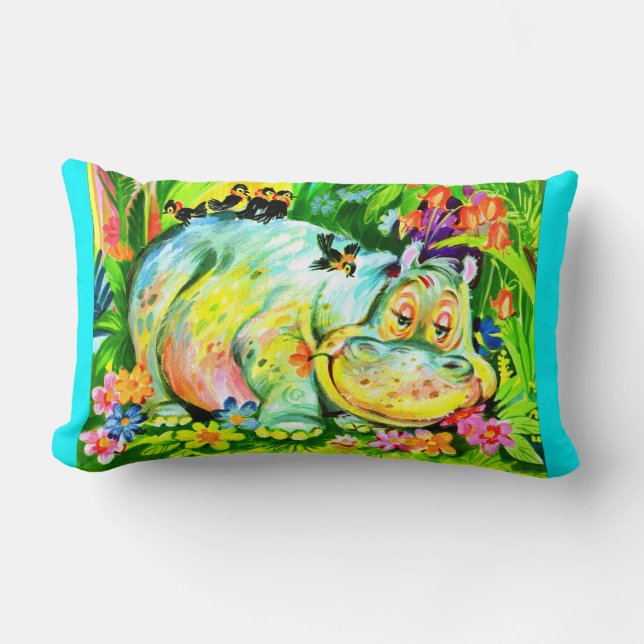 bright colourful hippopotamus and birds lumbar cushion (Front)