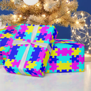 Bright, Colourful Jigsaw Puzzle Pink Blue & Yellow Wrapping Paper