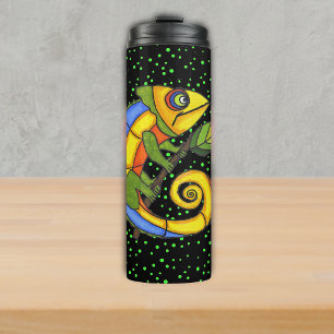 Bright Colourful Lizard Holding Branch Polka Dots Thermal Tumbler