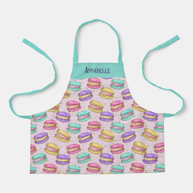 Bright Colourful Macaron Cookies Faux Glitter Name Apron (Front)