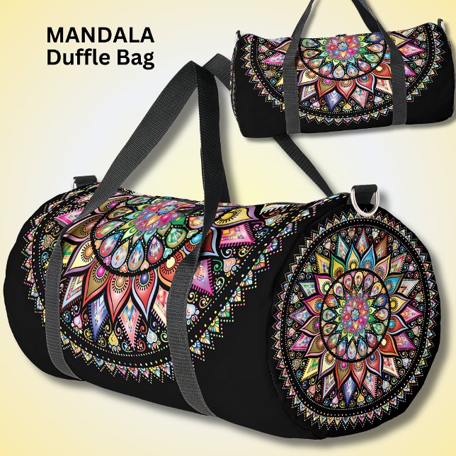 Bright Colourful Mandala Pink Aqua Yellow on Black Duffle Bag (Creator Uploaded)