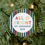 Bright colourful modern Christmas family photo Ceramic Ornament<br><div class="desc">Bright colourful stripe and navy blue modern Christmas family photo ornament</div>