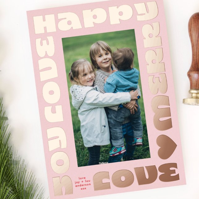 bright colourful modern | christmas one photo pink foil holiday card (Creator Uploaded)