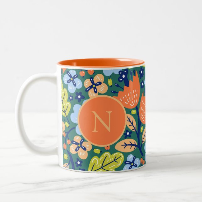 Bright Colourful Modern Floral Pattern Monogrammed Two-Tone Coffee Mug (Left)