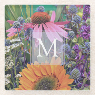 Bright Colourful Monogram Flowers Glass Coaster