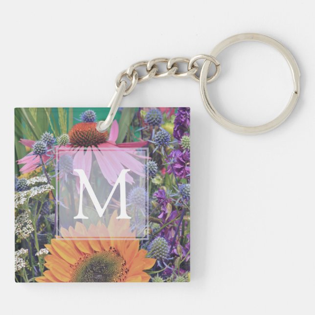 Bright Colourful Monogram Flowers Photo Key Ring (Back)