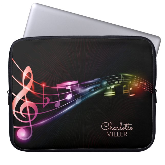 Bright Colourful Music Notes and Custom Name Laptop Sleeve (Front)