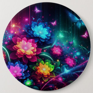 Bright, colourful neon flowers/butterflies 6 cm round badge