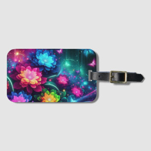 Bright, colourful neon flowers/butterflies luggage tag