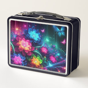 Bright, colourful neon flowers/butterflies metal lunch box
