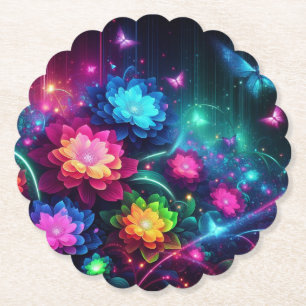 Bright, colourful neon flowers/butterflies paper coaster