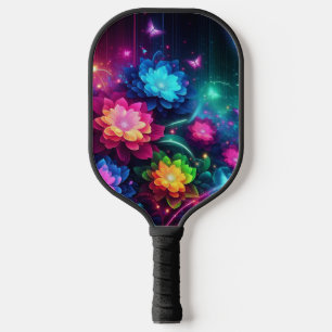 Bright, colourful neon flowers/butterflies pickleball paddle