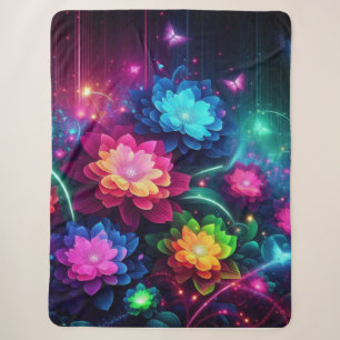 Bright, colourful neon flowers/butterflies sherpa blanket