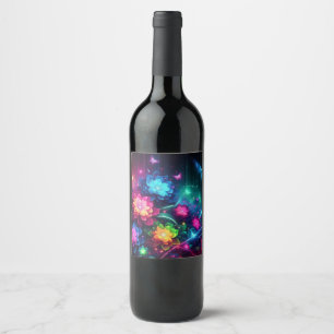 Bright, colourful neon flowers/butterflies wine label