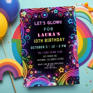 Bright Colourful Neon Glow Party Birthday Invitation