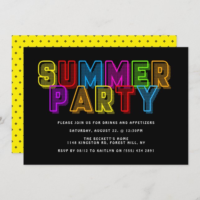 Bright & Colourful Neon Typography Summer Party Invitation (Front/Back)